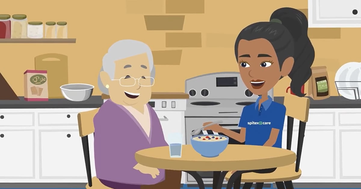 Picture shows illustration of a caregiver helping an elderly person eat