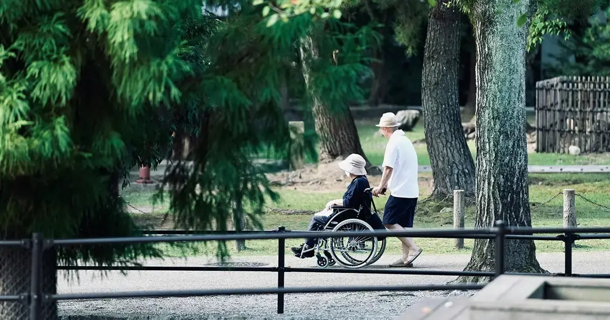 Pflegender Angehöriger schiebt Partnerin mit MS im Rollstuhl durch einen Park