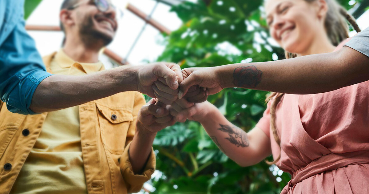 Vier Personen führen vor einer Pflanze lächelnd einen Teamwork-Faustgruß aus, symbolisch für Zusammenarbeit.